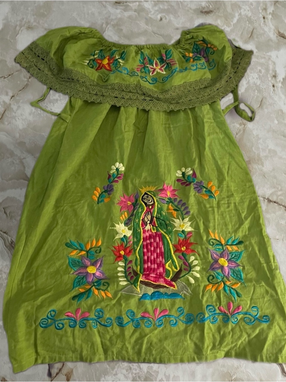 Virgin Mary Green Embroidered Women Dress with Floral - Picture 1 of 3